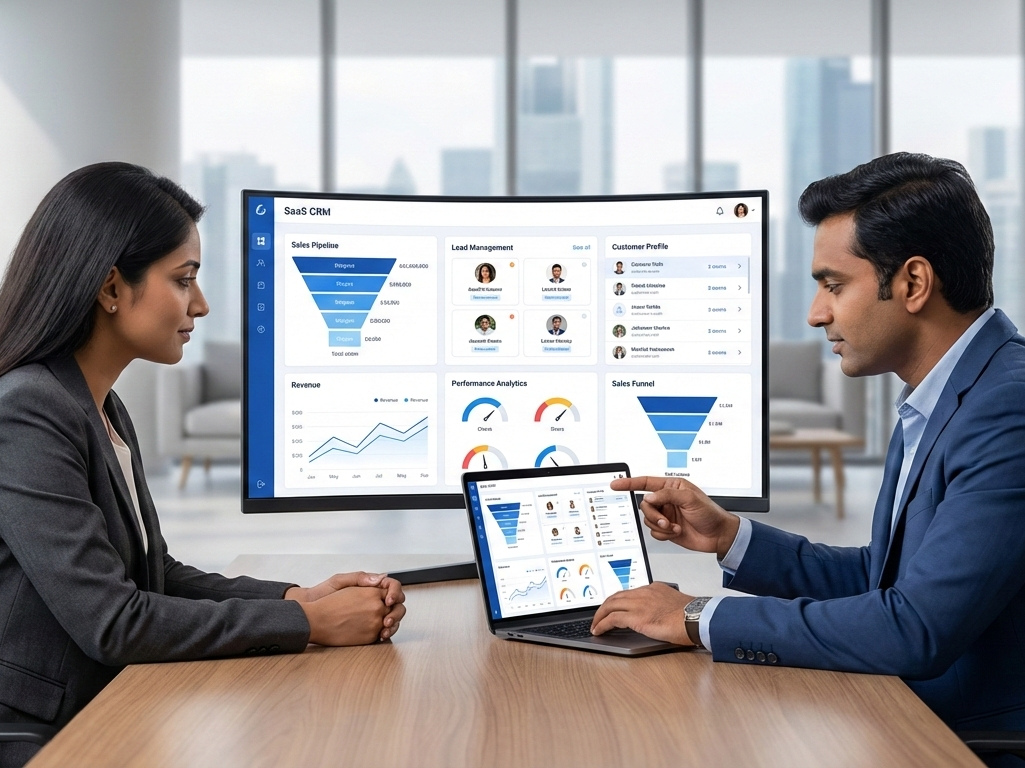 CRM Software in India dashboard showing sales growth and customer management
