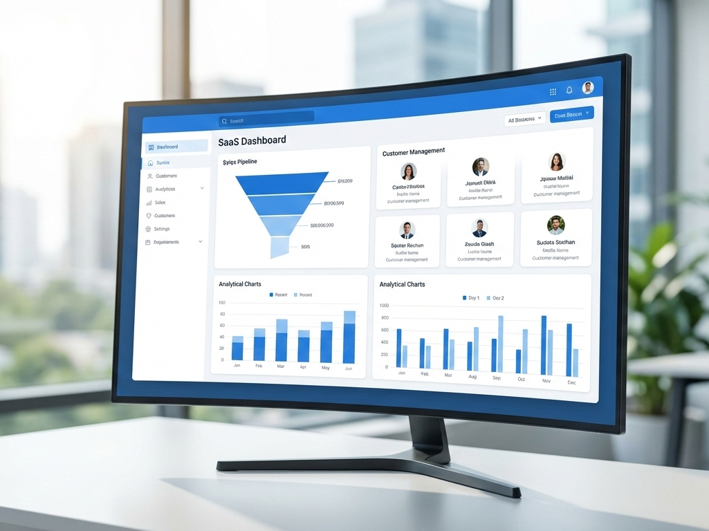 CRM Software in India dashboard showing sales growth and customer management
